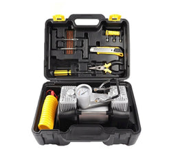 Kit pană auto cu compresor 12V, 2 cilindri și 7 accesorii – soluție rapidă pentru drumuri sigure