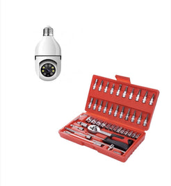Set Trusă Chei Tubulare și Șurubelnițe, 46 Piese + Cameră Supraveghere Wireless 360° FULL HD