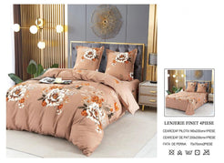 Set Lenjerie de Pat Finet Bumbac 4 Piese – Model Floral Bej cu Accente Portocalii
