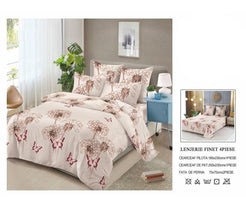 Lenjerie de Pat Finet Bumbac – 4 Piese – Model Floral Delicat Crem cu Fluturi