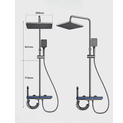 Set coloanade duș termostatic cu afișaj digital și patru funcții, montaj pe perete, culoare gri, cu efect de ploaie și presurizare