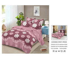 Lenjerie de Pat Finet Bumbac – 4 Piese – Model Floral Roz Pudrat cu Design Delicat