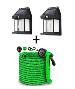 Furtun Extensibil Gradina 30m,Pistol 7 Functii  Dublu Latex,Conectori Rapizi,Flexibil si Rezistent + 2x Proiector Solar Tip Felinar Cu Senzor De Miscare