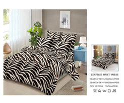 Lenjerie de Pat Finet Bumbac – 4 Piese – Model Animal Print Zebra în Nuanțe Negru-Bej