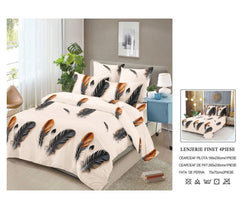 Lenjerie de Pat Finet Bumbac – 4 Piese – Model Crem cu Pene Grafice și Design Echilibrat