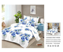 Lenjerie de Pat Finet Bumbac – 4 Piese – Model Floral Alb cu Trandafiri Albastri