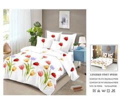 Lenjerie de Pat Finet Bumbac – 4 Piese – Model Floral Alb cu Lalele Multicolore