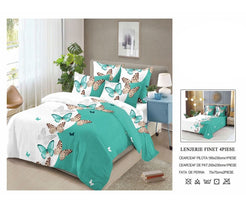 Lenjerie de Pat Finet Bumbac – 4 Piese – Model Turcoaz cu Fluturi și Accente Delicate