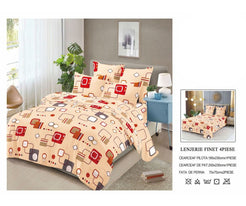 Lenjerie de Pat Finet Bumbac – 4 Piese – Model Modern Bej cu Forme Geometrice