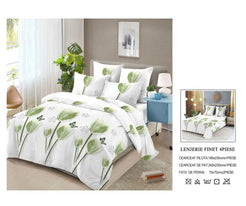 Lenjerie de Pat Finet Bumbac – 4 Piese – Model Floral Alb cu Frunze Verzi și Accente Naturale