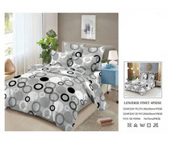 Lenjerie de Pat Finet Bumbac – 4 Piese – Model Modern Gri cu Cercuri Grafice
