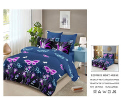 Lenjerie de Pat Finet Bumbac – 4 Piese – Model Floral cu Fluturi și Accente Elegante