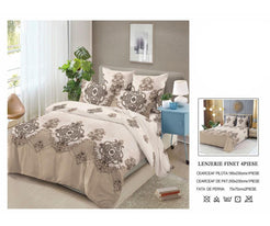 Lenjerie de Pat Finet Bumbac – 4 Piese – Model Clasic Bej cu Ornamente Decorative