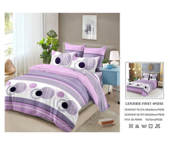 Lenjerie de Pat Finet Bumbac – 4 Piese – Model Modern Mov cu Cercuri și Dungi