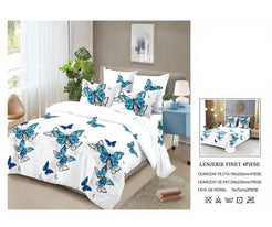 Lenjerie de Pat Finet Bumbac – 4 Piese – Model Alb cu Fluturi Albastru Intens și Accente Elegante