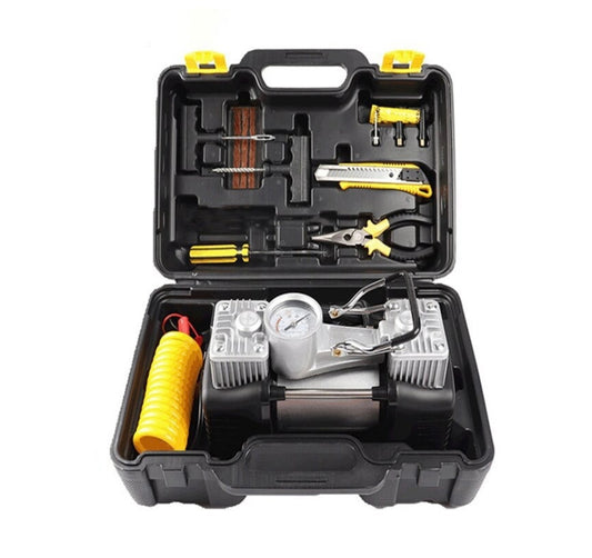 Kit pană auto cu compresor 12V, 2 cilindri și 7 accesorii – soluție rapidă pentru drumuri sigure