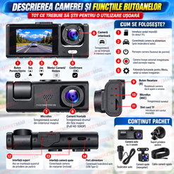 Camera auto tripla FullHD, 3 camere-fata/spate/interior, ecran 2'', G Senzor