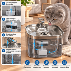 Fantana Automata de Apa pentru Pisici si Caini Mici, Tavita din Otel Inoxidabil, Rezervor Transparent Gri, Sistem de Filtrare, Circulatie Continua a Apei, Functionare Silentioasa