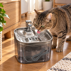 Fantana Automata de Apa pentru Pisici si Caini Mici, Tavita din Otel Inoxidabil, Rezervor Transparent Gri, Sistem de Filtrare, Circulatie Continua a Apei, Functionare Silentioasa