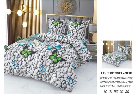 Set Lenjerie de Pat din Finet Bumbac – 4 Piese – Model 3D Fluturi și Pietre