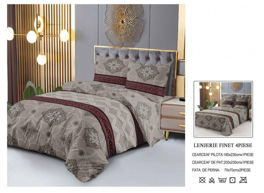 Set Lenjerie de Pat Finet Bumbac 4 Piese – Model Clasic cu Accente Bordo