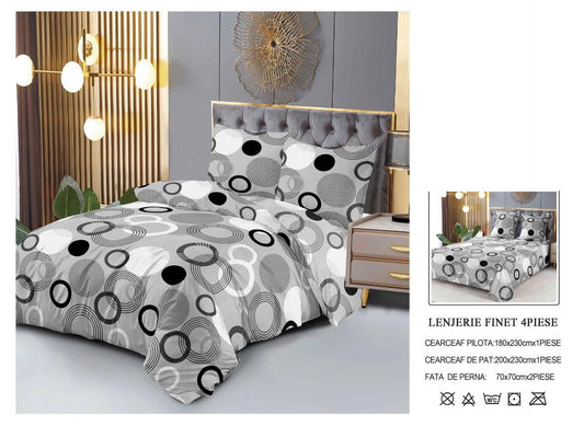 Set Lenjerie de Pat Finet Bumbac 4 Piese – Model Geometric Cercuri
