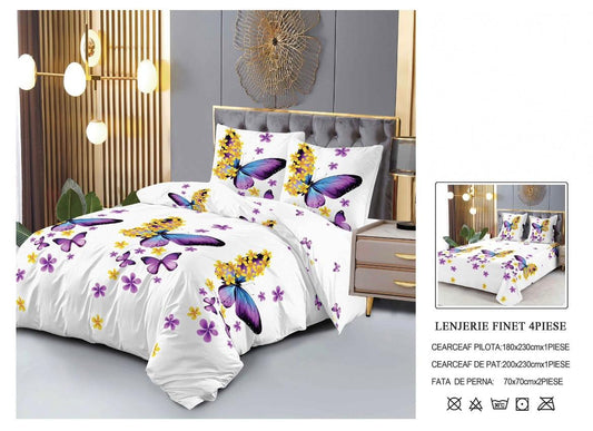 Set Lenjerie de Pat Finet Bumbac 4 Piese – Model Fluturi și Flori