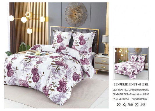 Set Lenjerie de Pat Finet Bumbac 4 Piese – Model Floral în Nuanțe de Lila și Mov