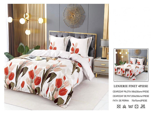 Set Lenjerie de Pat Finet Bumbac 4 Piese – Model Lalele Roșii pe Fundal Alb