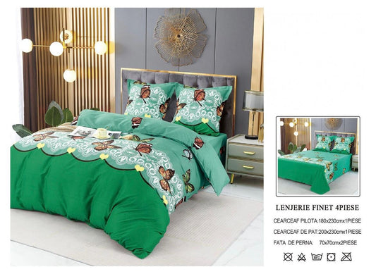 Set Lenjerie de Pat Finet Bumbac 4 Piese – Model Verde cu Fluturi și Dantelă Imprimată