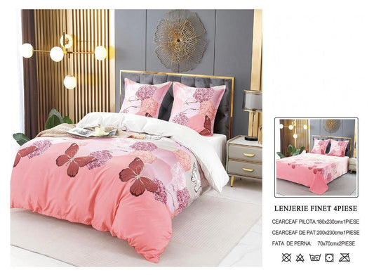 Set Lenjerie de Pat Finet 4 Piese – Model Roz cu Fluturi și Hortensii