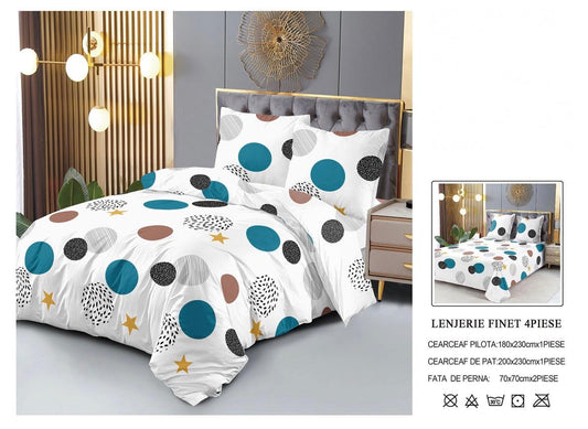 Set Lenjerie de Pat Finet Bumbac 4 Piese – Model Geometric Colorat pe Fundal Alb