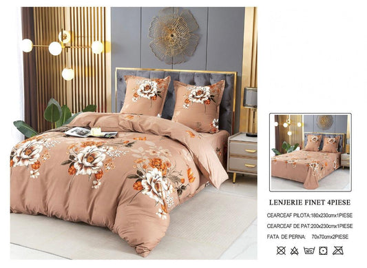 Set Lenjerie de Pat Finet Bumbac 4 Piese – Model Floral Bej cu Accente Portocalii