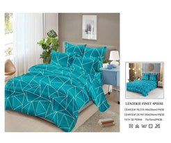 Set Lenjerie de Pat Finet Bumbac 4 Piese – Model Geometric Turcoaz