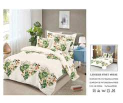 Lenjerie de Pat Finet Bumbac – 4 Piese – Model Floral Verde cu Accente Naturale