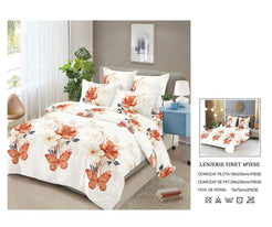 Lenjerie de Pat Finet Bumbac – 4 Piese – Model Floral Crem cu Accente de Fluturi