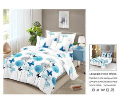 Lenjerie de Pat Finet Bumbac – 4 Piese – Model Floral Albastru cu Accente de Fluturi