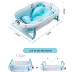Cadita pliabila pentru bebelusi, cu suport pernuta, picioruse antiderapante,suport pentru dus si termometru