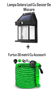 Furtun Extensibil Gradina 30m,Pistol 7 Functii  Dublu Latex,Conectori Rapizi,Flexibil si Rezistent + 2x Proiector Solar Tip Felinar Cu Senzor De Miscare