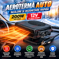 Aeroterma auto dezghetare parbriz, negru 12V 200W