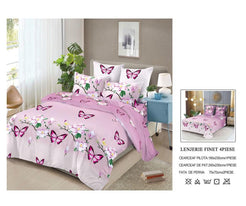 Lenjerie de Pat Finet Bumbac – 4 Piese – Model Roz Pastel cu Fluturi și Flori
