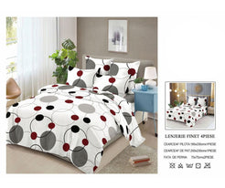 Lenjerie de Pat Finet Bumbac – 4 Piese – Model Geometric Alb cu Cercuri Gri și Accente Bordo