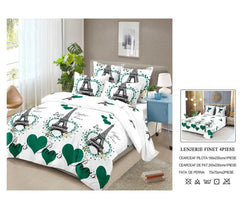 Lenjerie de Pat Finet Bumbac – 4 Piese – Model Paris Romantic Alb cu Accente Verzi