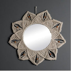 Oglinda Decorativa Rotunda, cu Impletitura Macrame, Bej, 58 cm