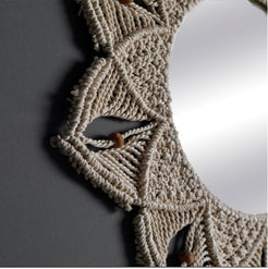 Oglinda Decorativa Rotunda, cu Impletitura Macrame, Bej, 58 cm