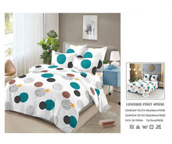 Lenjerie de Pat Finet Bumbac – 4 Piese – Model Geometric Multicolor cu Buline și Accente Moderne