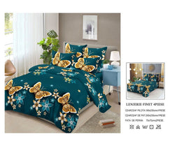 Lenjerie de Pat Finet Bumbac – 4 Piese – Model Elegant Verde Petrol cu Fluturi Aurii