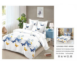 Lenjerie de Pat Finet Bumbac – 4 Piese – Model Floral Alb cu Fluturi Albastru-Galben