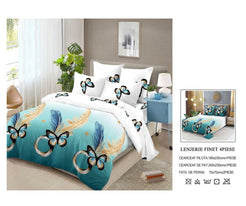 Lenjerie de Pat Finet Bumbac – 4 Piese – Model Elegant Turcoaz cu Fluturi și Pene Decorative