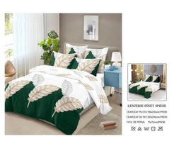Lenjerie de Pat Finet Bumbac – 4 Piese – Model Verde Smarald cu Frunze Aurii, Design Rafinant